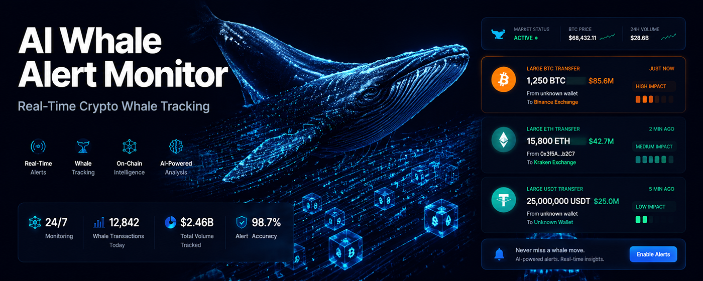 AI Whale Alert Monitor: a live feed of large on-chain transfers with amount, USD value, source and destination, and an impact rating for each alert.